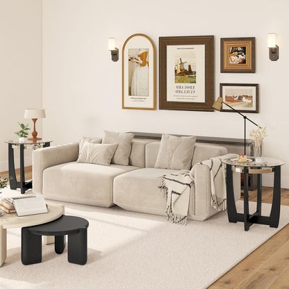 Tempered Glass End Table, Round Sofa Side Table with Rubber Wood Cross Base