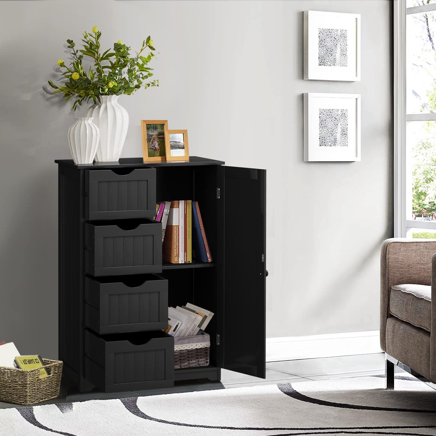Freestanding Storage Cupboard with Adjustable Shelf and Drawers