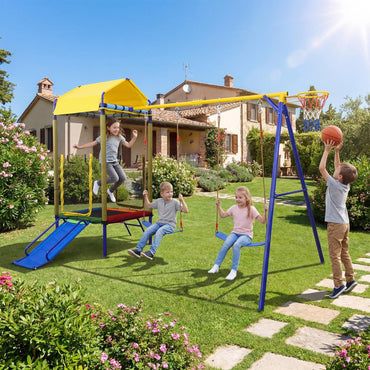 5-in-1 Kids Swing Set, Heavy-duty Metal Swing Stand with Trampoline, Roof