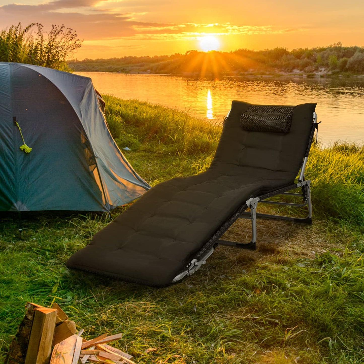 Adjustable Sun Lounger with Soft Mattress and Removable Pillow