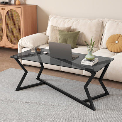 Rectangular Glass Coffee Table with Tempered Top and Metal Frame for Living Room