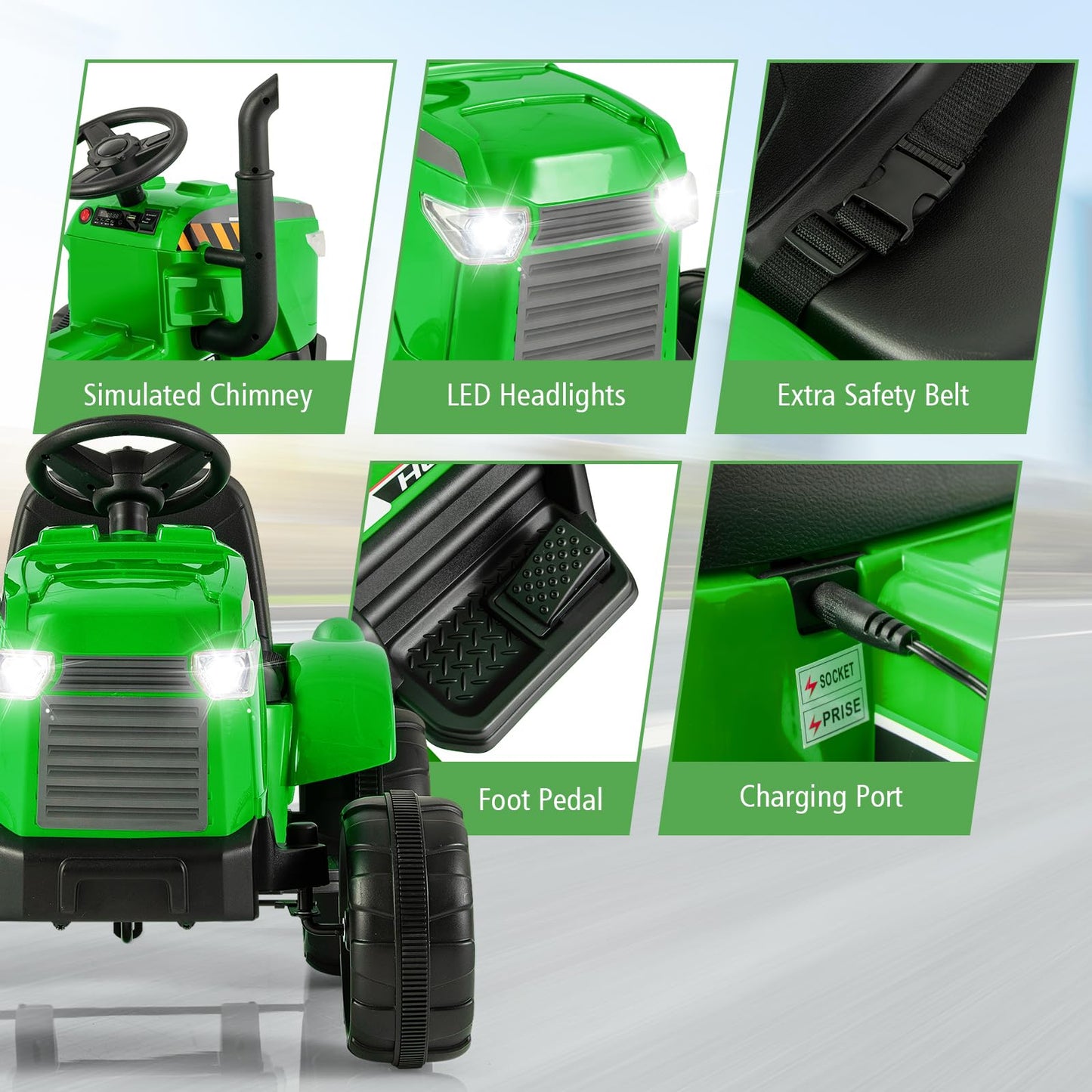 Electric Ride on Tractor, 12V Kids Toy Car with Detachable Trailer