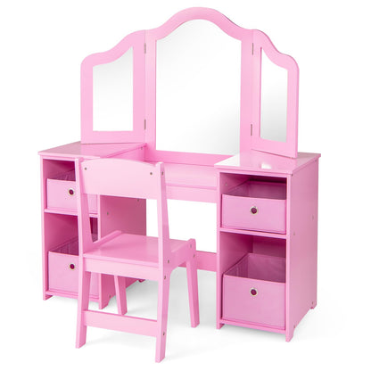Kids Vanity Set with Tri-Folding Detachable Mirror and 4 Storage Bins