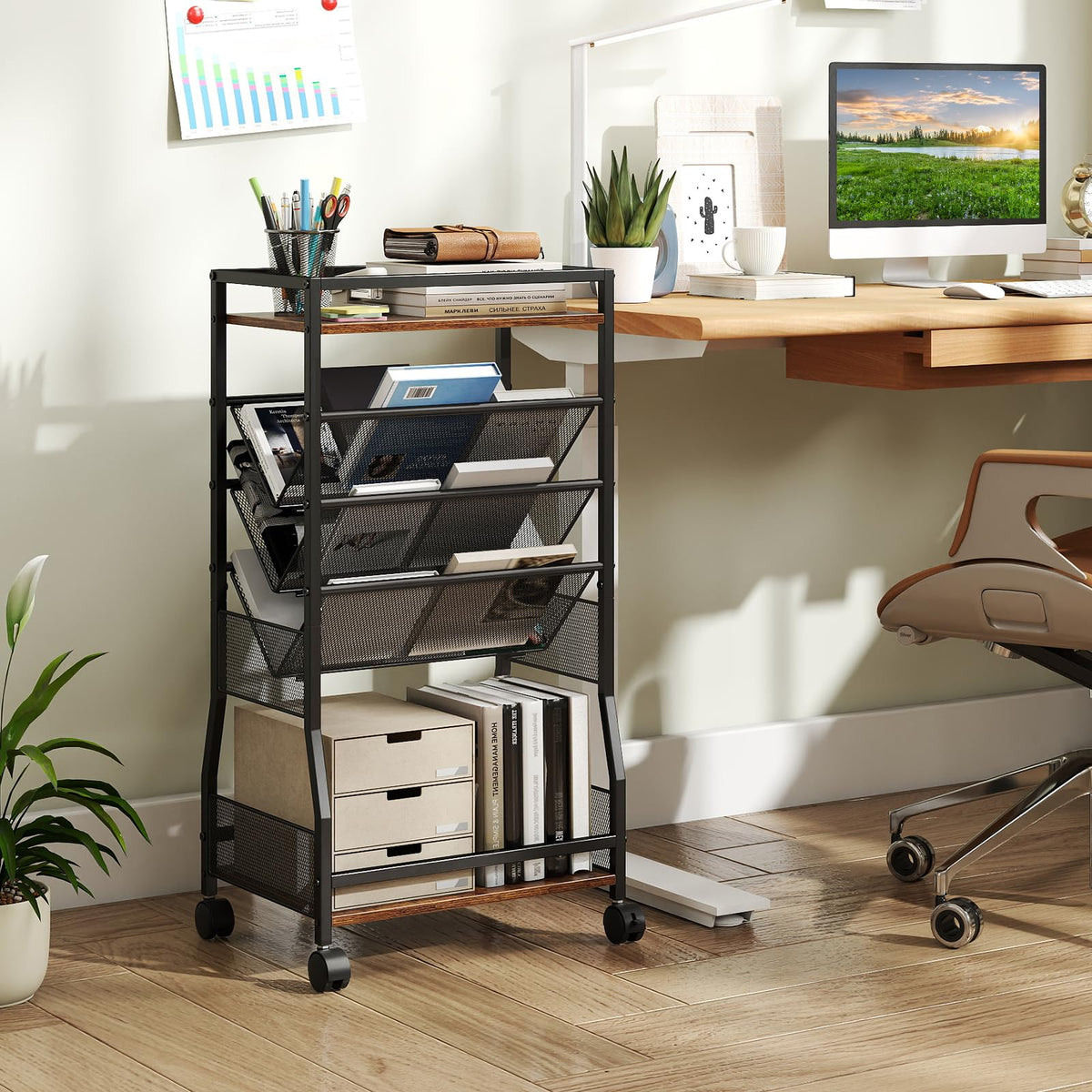 Rolling File Utility Cart with 3 Slanted Side Shelves and Lockable Wheels