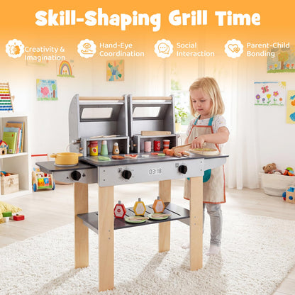 Kids BBQ Grill Playset, Wooden Toy Kitchen with Flip-Top Grill Covers