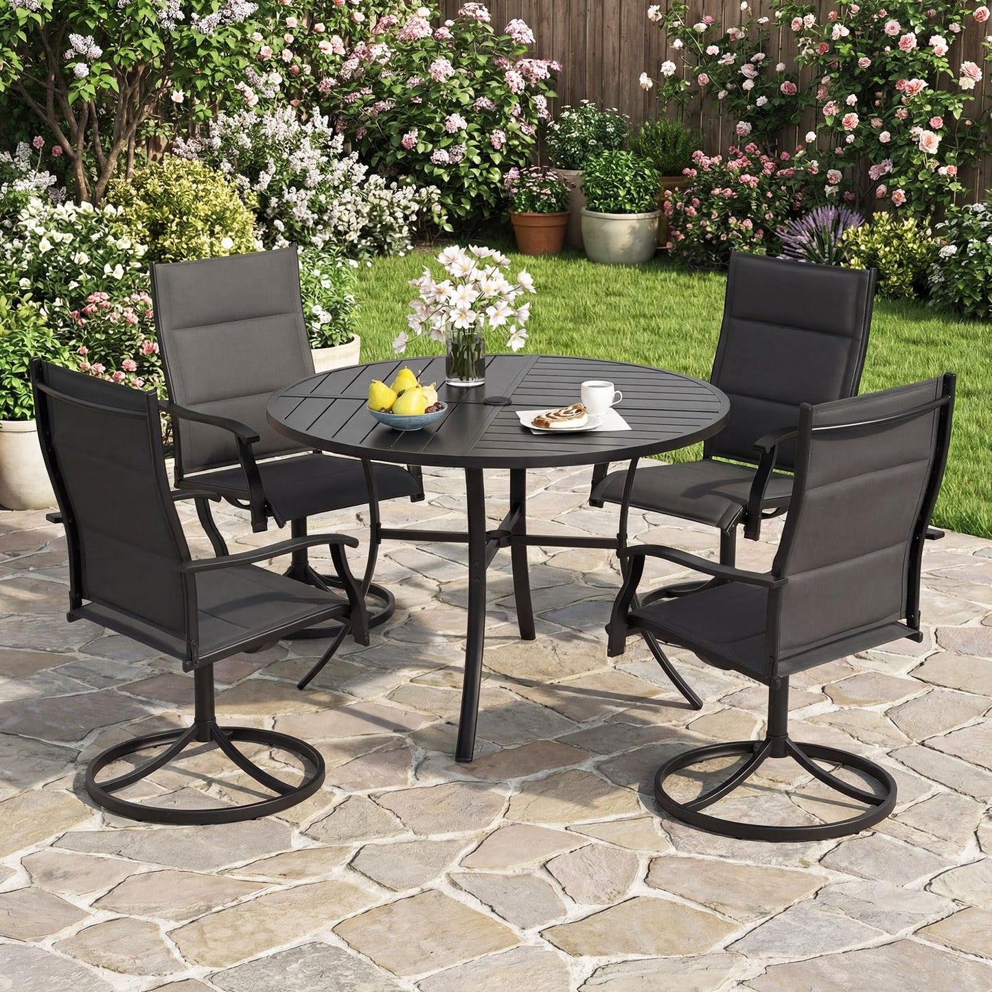 Patio Dining Table 108CM Round Metal Slat Table with Umbrella Hole