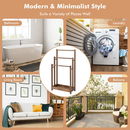 Solid Wood Towel Holder Drying Stand with 3 Towel Rails and Storage Shelf