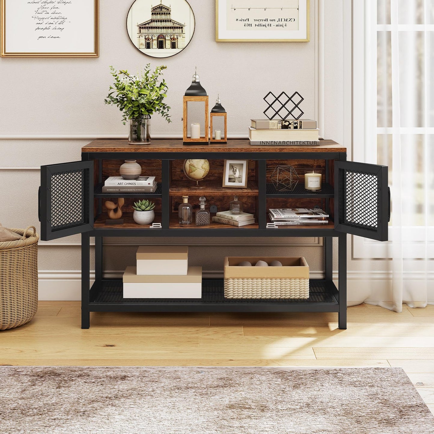 Kitchen Buffet Sideboard, Wooden Storage Cabinet with 2 Metal Mesh Doors