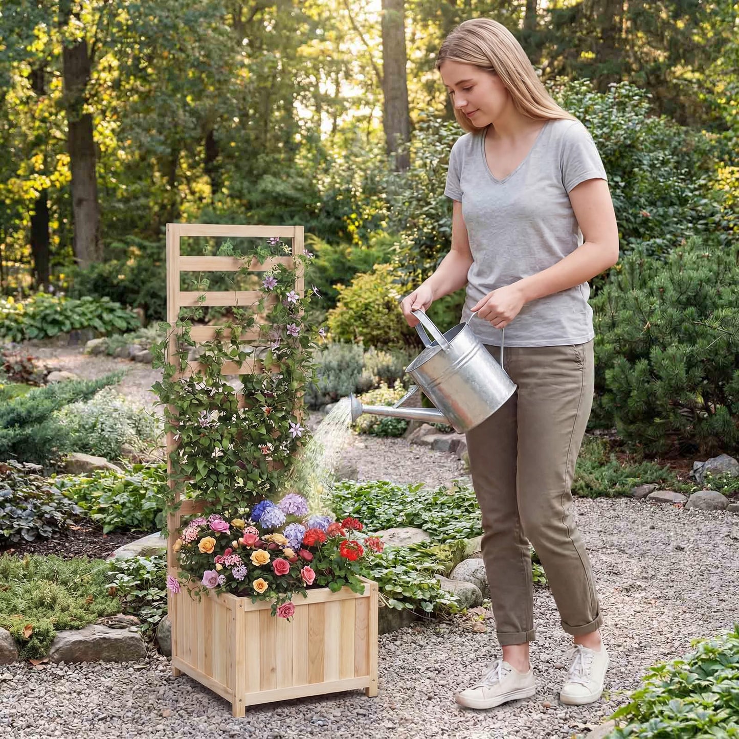 Wooden Planter with Trellis, Raised Garden Bed with Drainage Holes