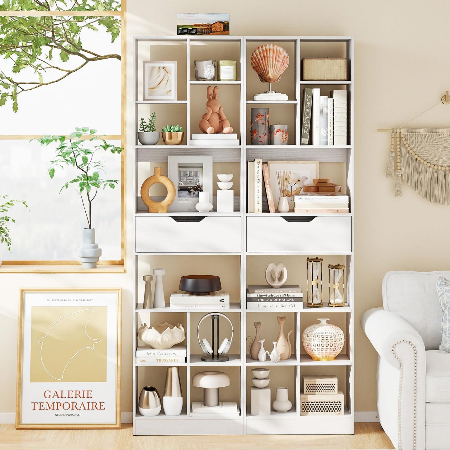 Tall Bookcase with Drawer, Open Cubes and Anti-toppling Kits, Floor Display Rack Storage Organizer