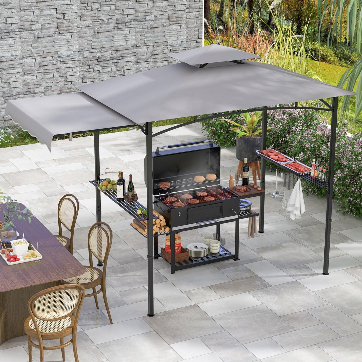 Fire Resistant Waterproof Outdoor BBQ Shelter with 2 Side Shelves