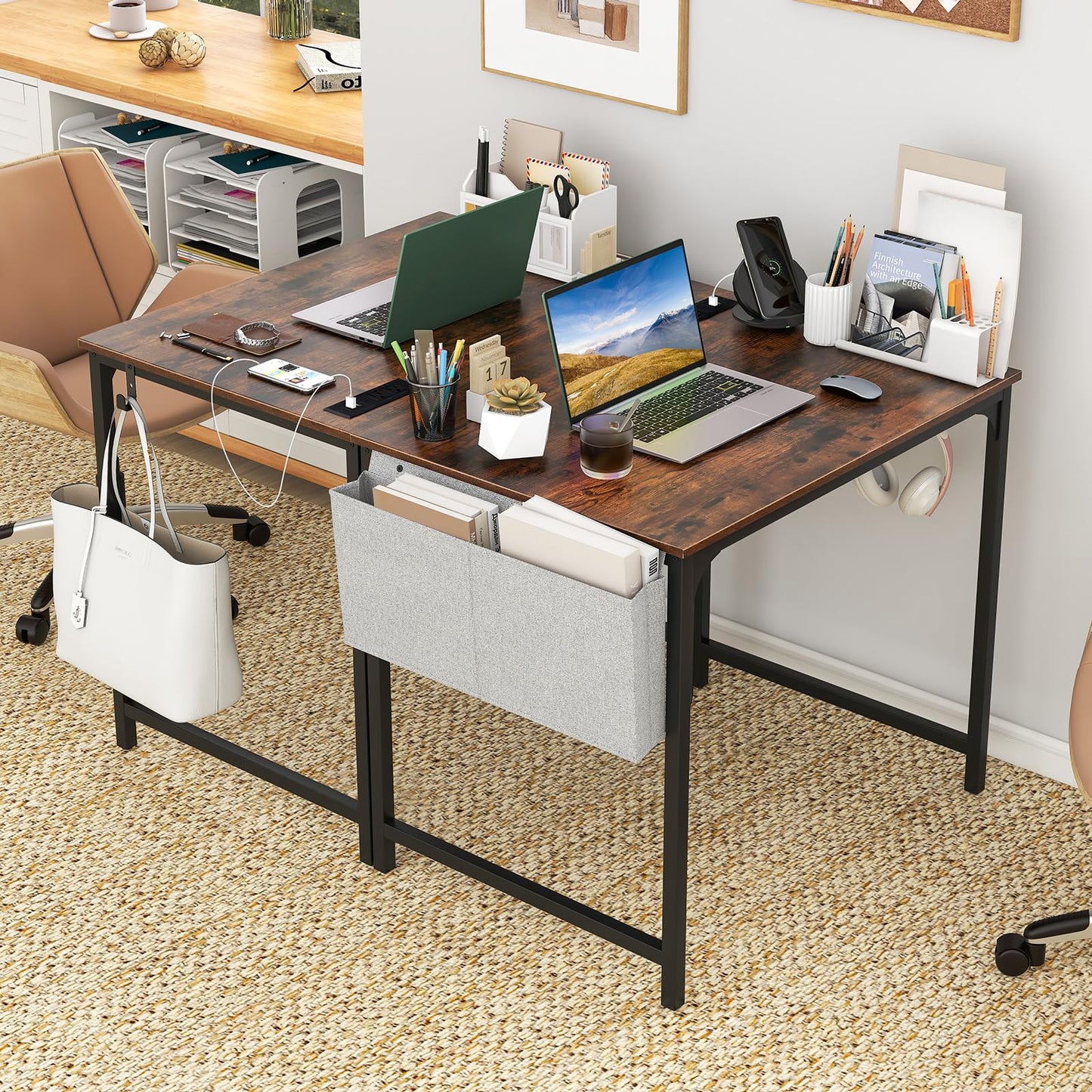 Home Office Desk with Charging Station and Storage Bag