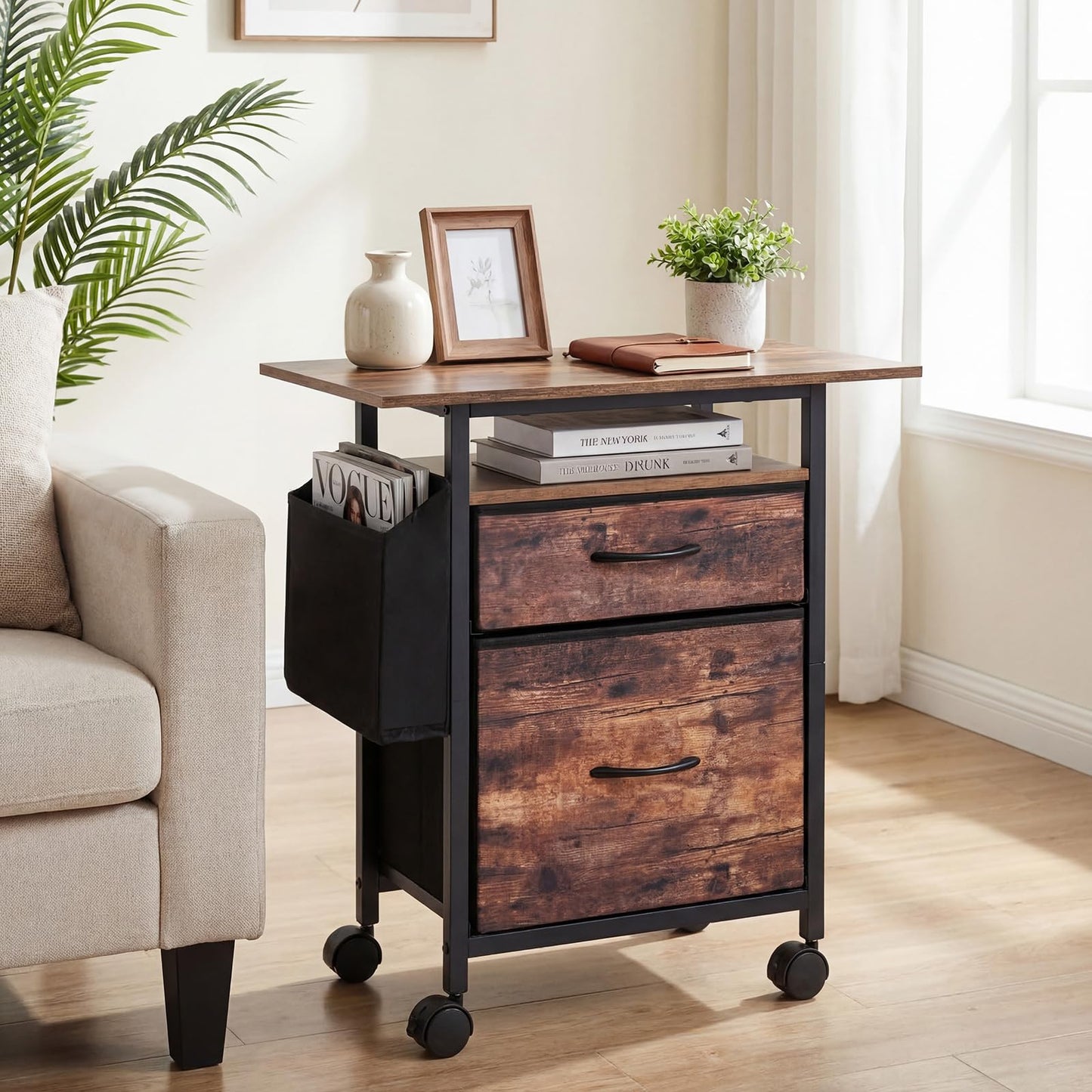 Mobile File Cabinet with 2 Drawers, Rolling Printer Stand with Extended Tabletop