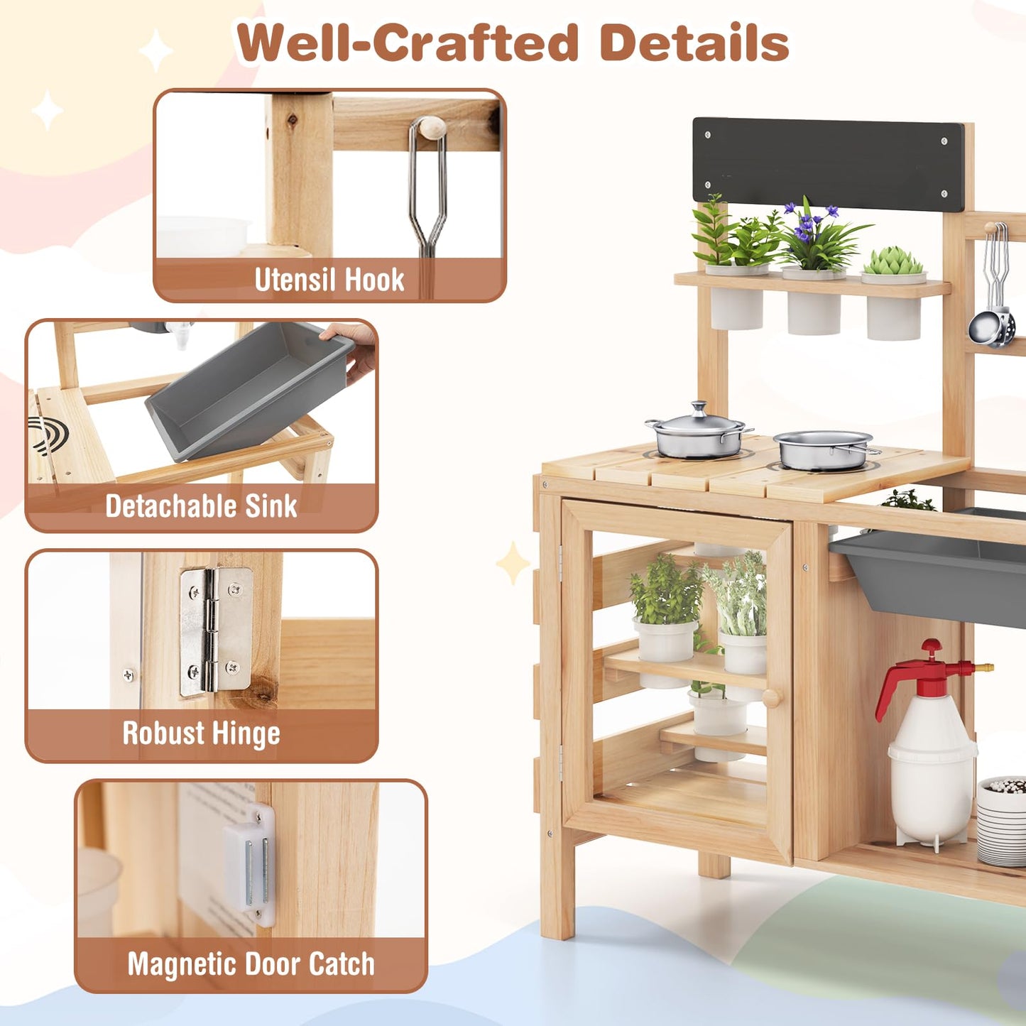 Patio Wooden Pretend Play Kitchen with Plants Observation Room for Kids Outdoor