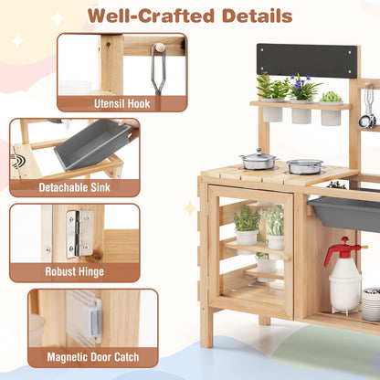 Patio Wooden Pretend Play Kitchen with Plants Observation Room for Kids Outdoor