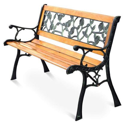 Solid Wood Slatted Seat Loveseat Park Bench Flat Back with Rose Pattern
