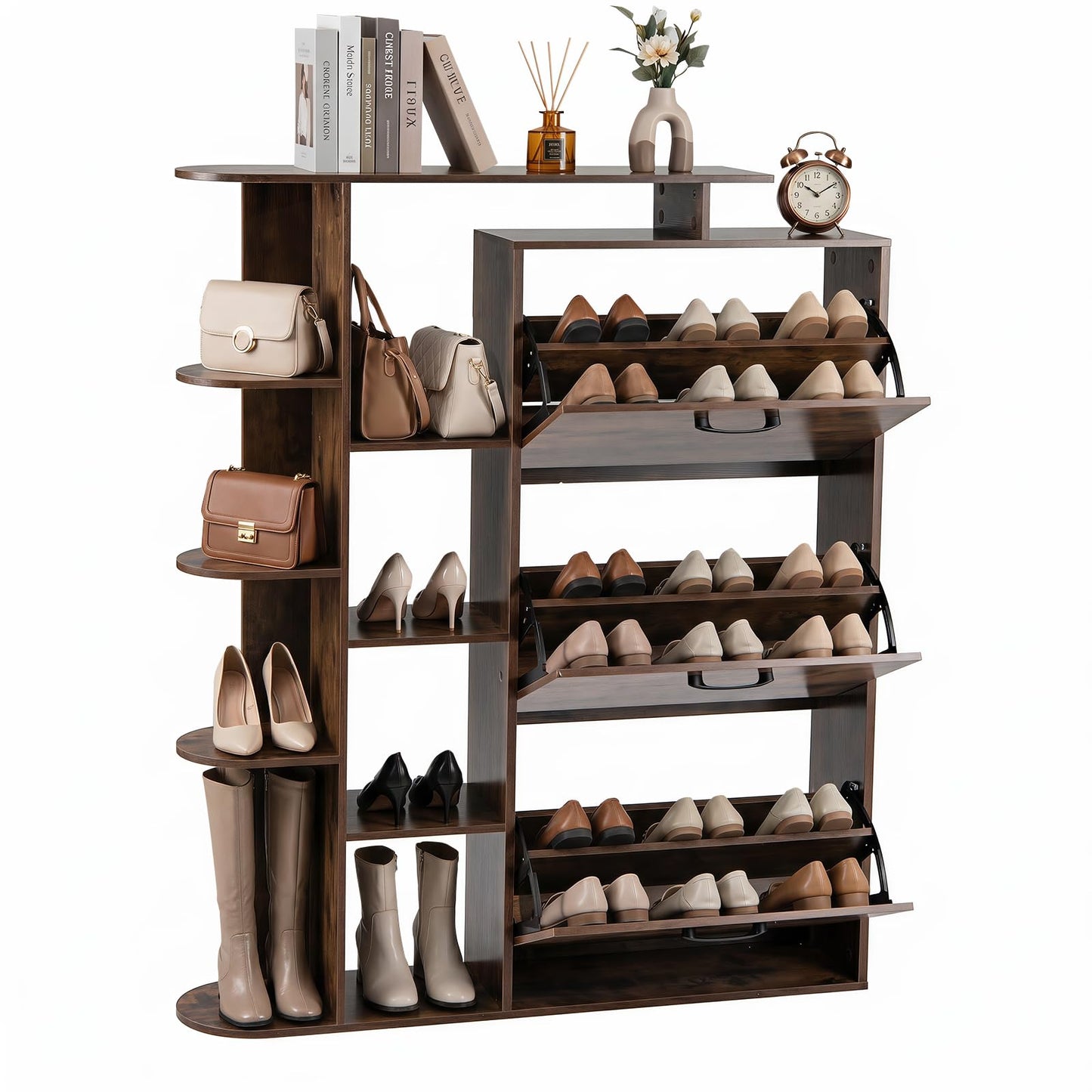 Slim Shoe Cabinet with 3 Flip Drawers, Open Shelves