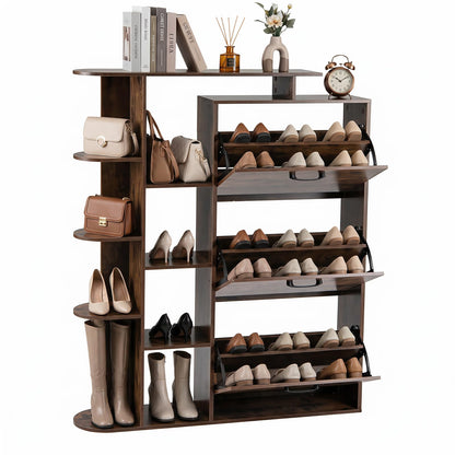 Slim Shoe Cabinet with 3 Flip Drawers, Open Shelves