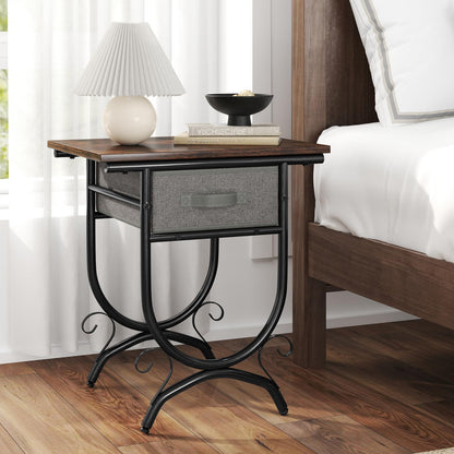 2 Tier Industrial Bedside Table with Fabric Drawer and Wood Top