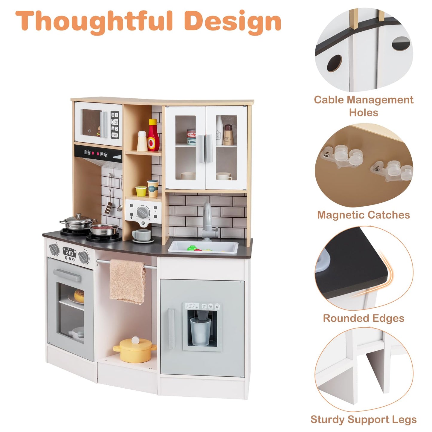 Wooden Kitchen Playset with Sound and Light for Boys Girls