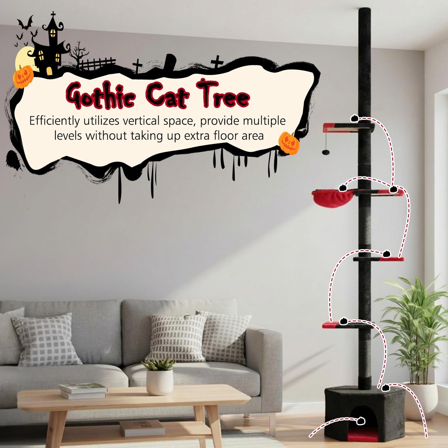 Floor to Ceiling Cat Tree, 5 Tier Tall Cat Tower with 245-300cm Adjustable Height