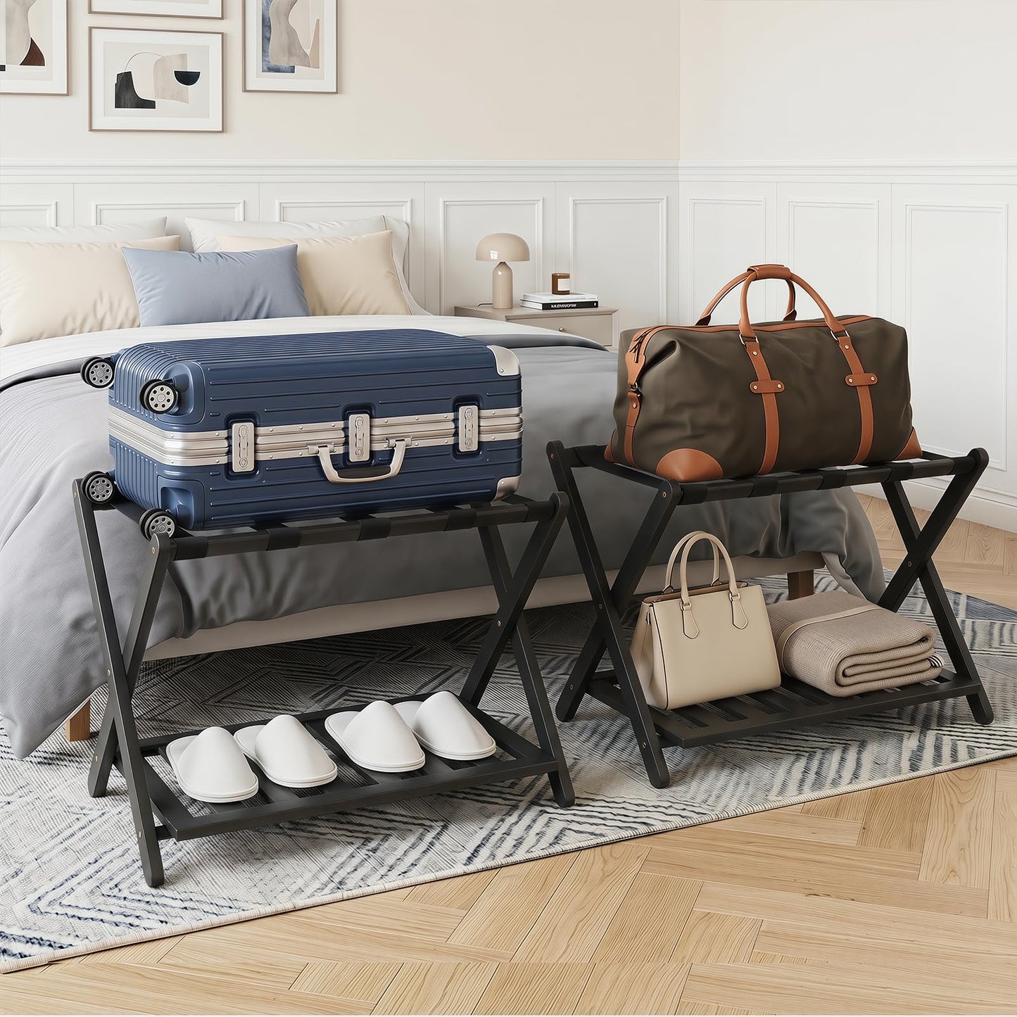 Bamboo Luggage Rack, Folding Suitcase Stand with Straps and Storage Shelf