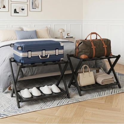 Bamboo Luggage Rack, Folding Suitcase Stand with Straps and Storage Shelf