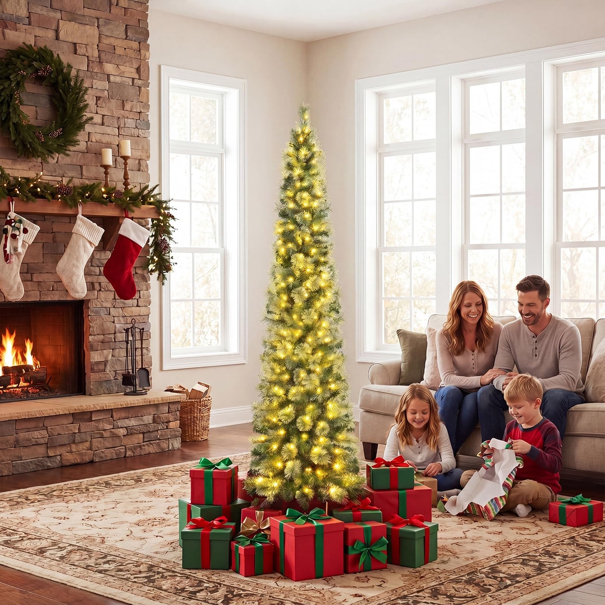 6/7 FT Pre-Lit Pencil Artificial Christmas Tree, Slim Xmas Tree with Branch Tips and LED Lights