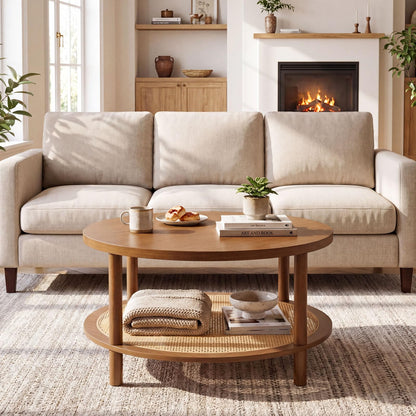 2-Tier Round Coffee Table with Rattan Storage Shelf, Rubber Wood