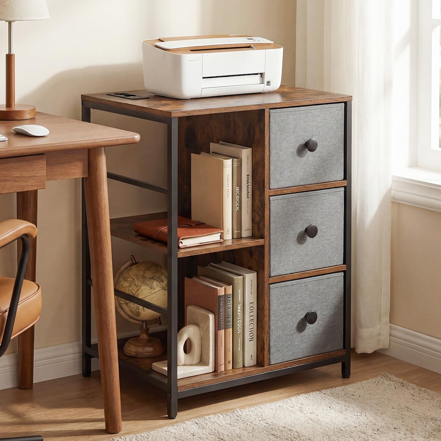 Side Table with Charging Station, Industrial Nightstand Bedside Cabinet