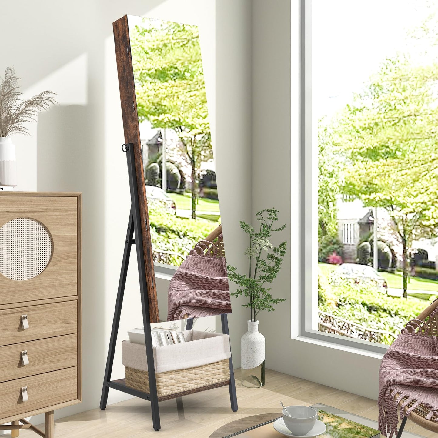 Lockable Floor Jewelry Armoire Organizer with Full Length Mirror