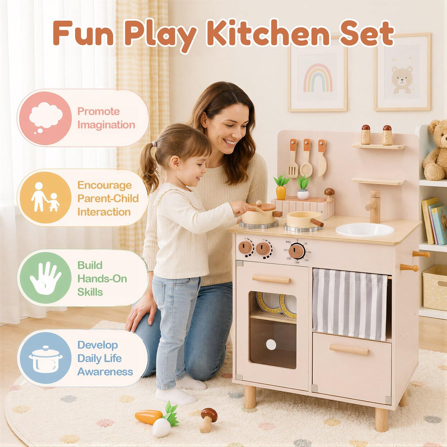 Kids Play Kitchen, Wooden Toy Kitchen with Stoves