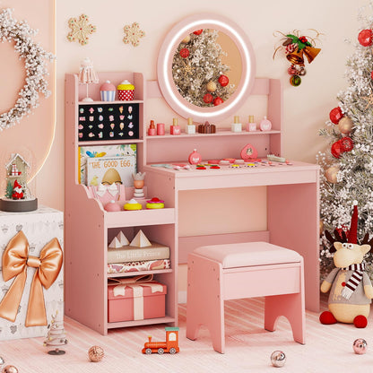 Kids Dressing Table, Girls Vanity Set with Lighted Mirror