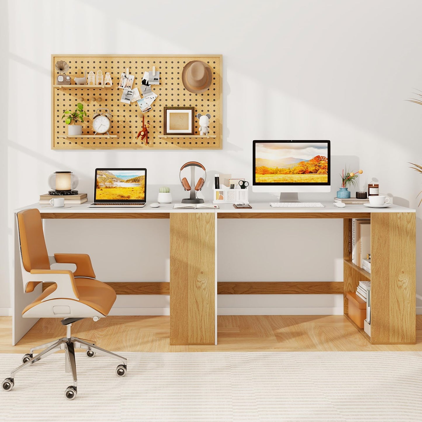 Modern Wooden Office Desk with Storage and 2 Open Shelves