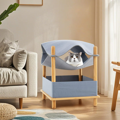 Elevated Cat Bed 2-tier Bamboo Frame Cat House with Dual-Layer Felt Fabric Top
