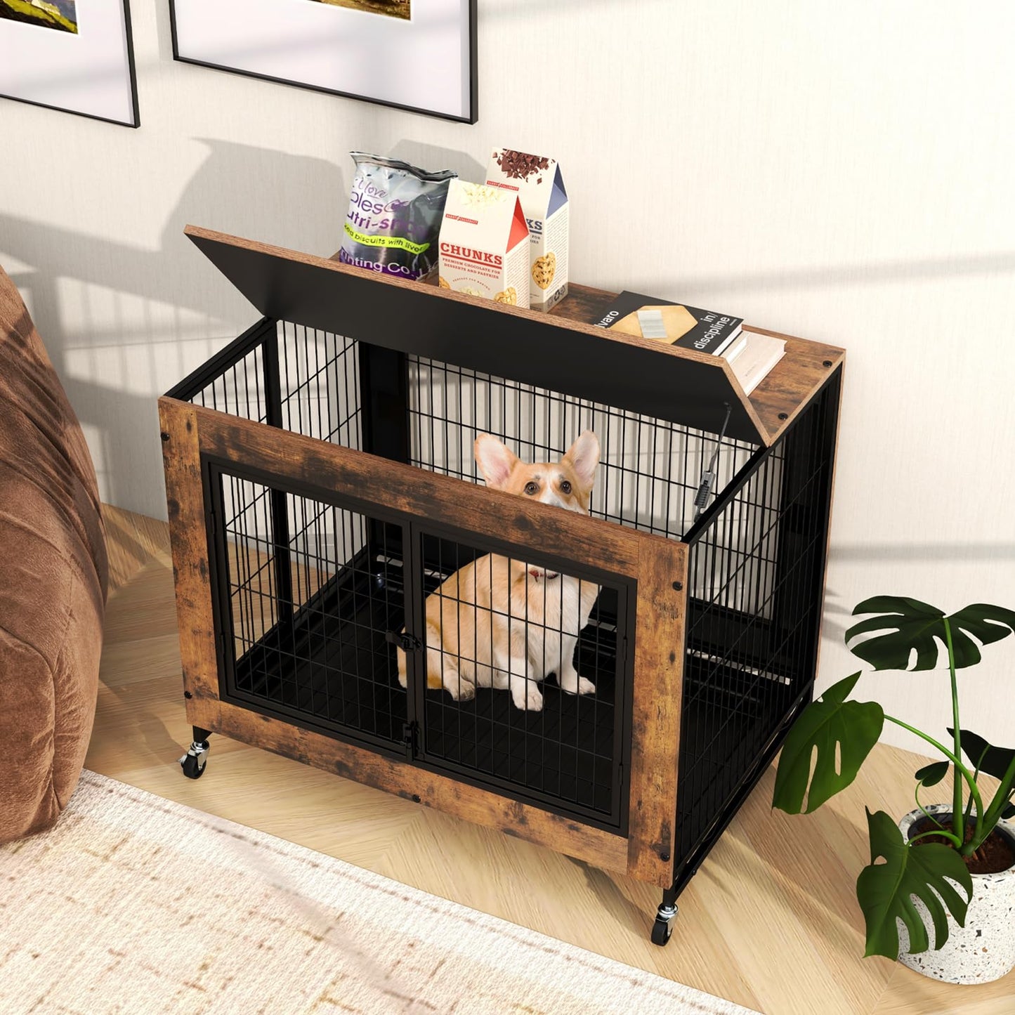 Wooden Dog Kennel Side Table with Flip-up Top