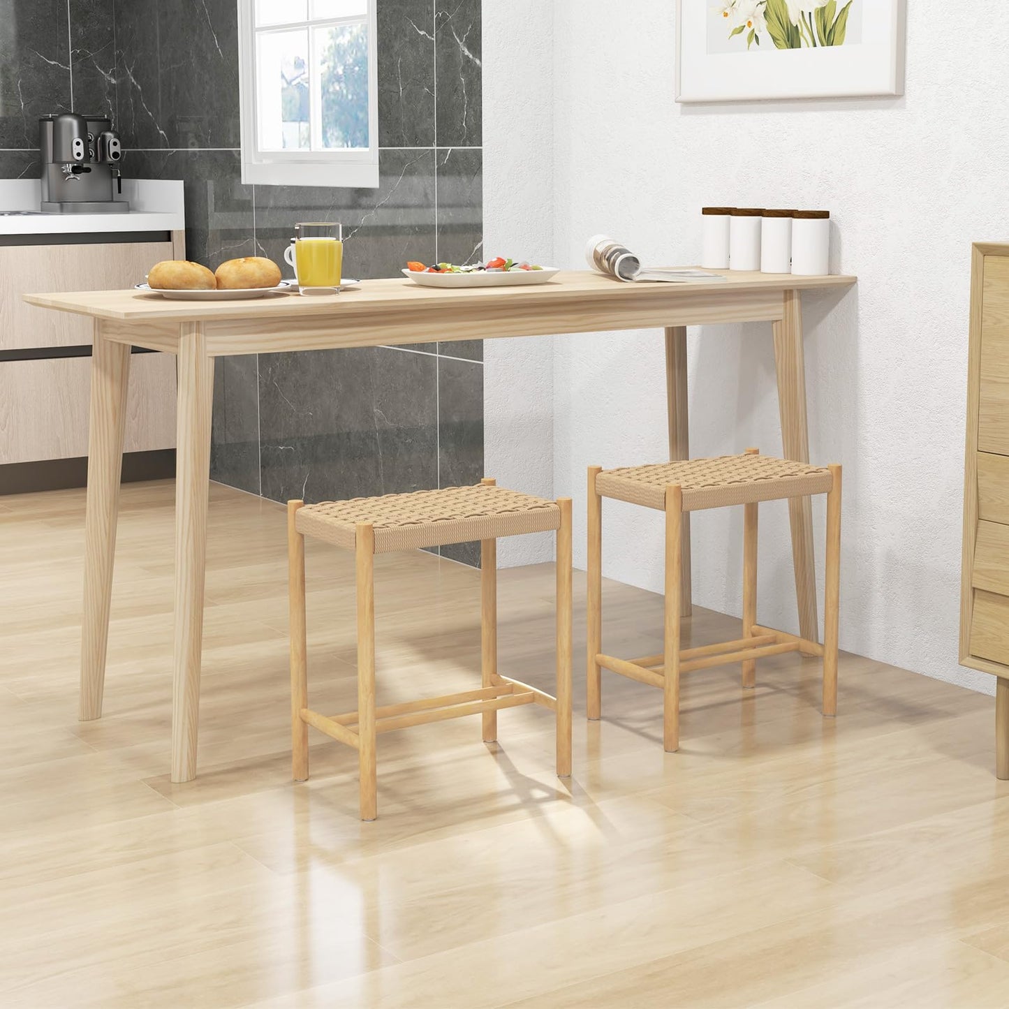 Dining Stool Set of 2 with Rubber Wood Frame and Woven Paper Seat