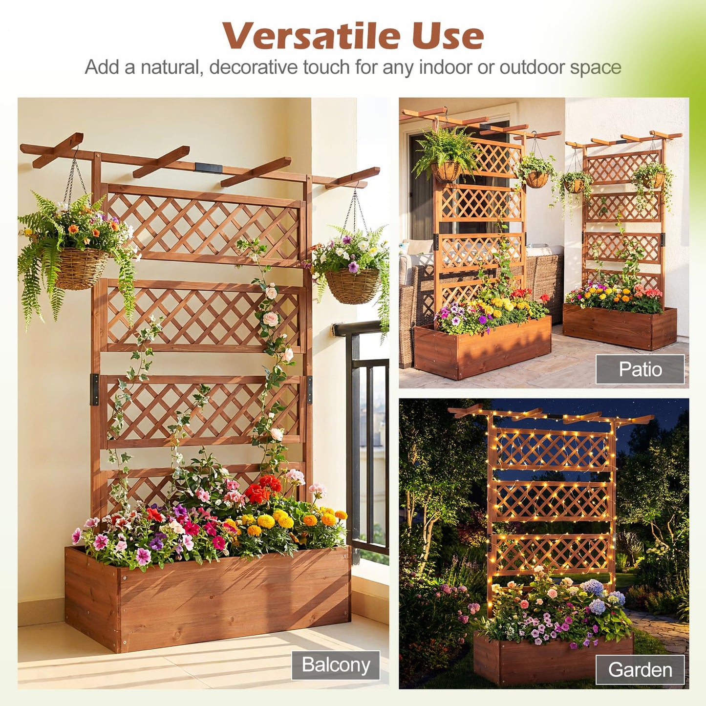 Wooden Planter Box Raised Garden Bed with Lattice Trellis