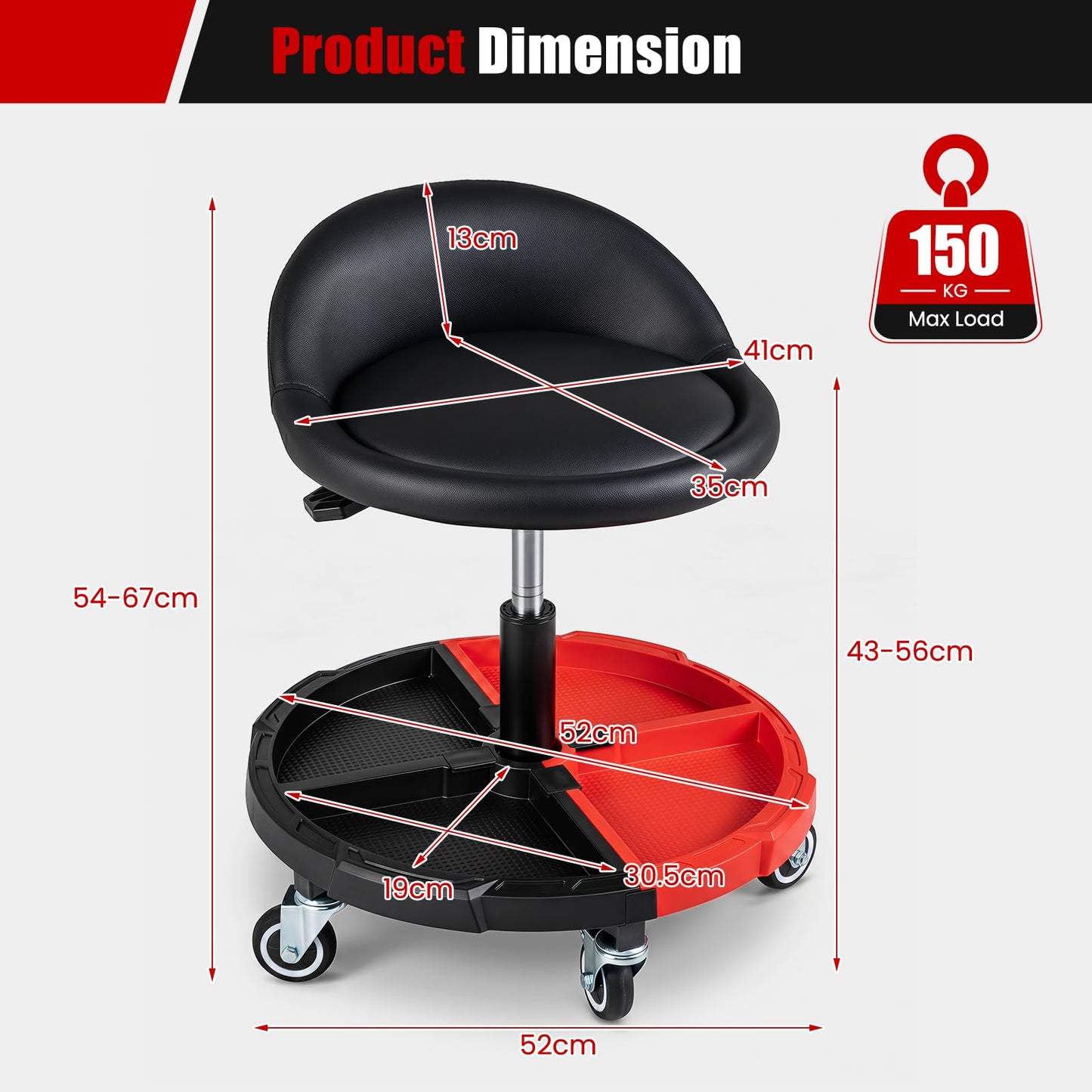 150 KG Max Weight Capacity 360° Rolling Mechanic Stool with Tool Storage Tray Backrest