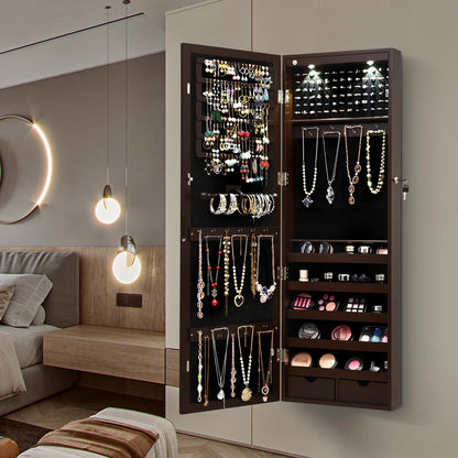 Lockable Jewelry Cabinet with Full Length Mirror and LED Lights