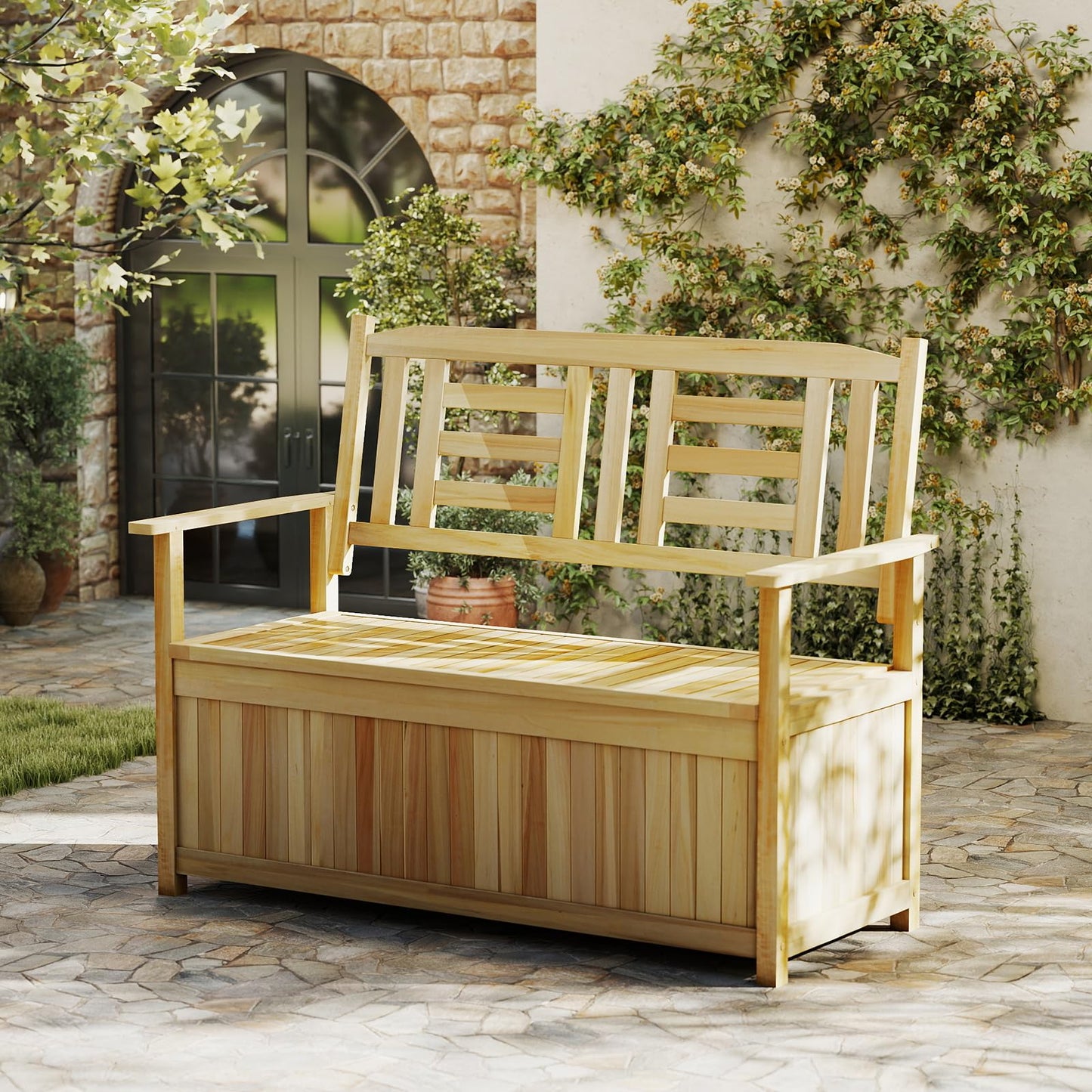 185L Patio Storage Bench Solid Wood Storage Loveseat with Backrest and Armrests