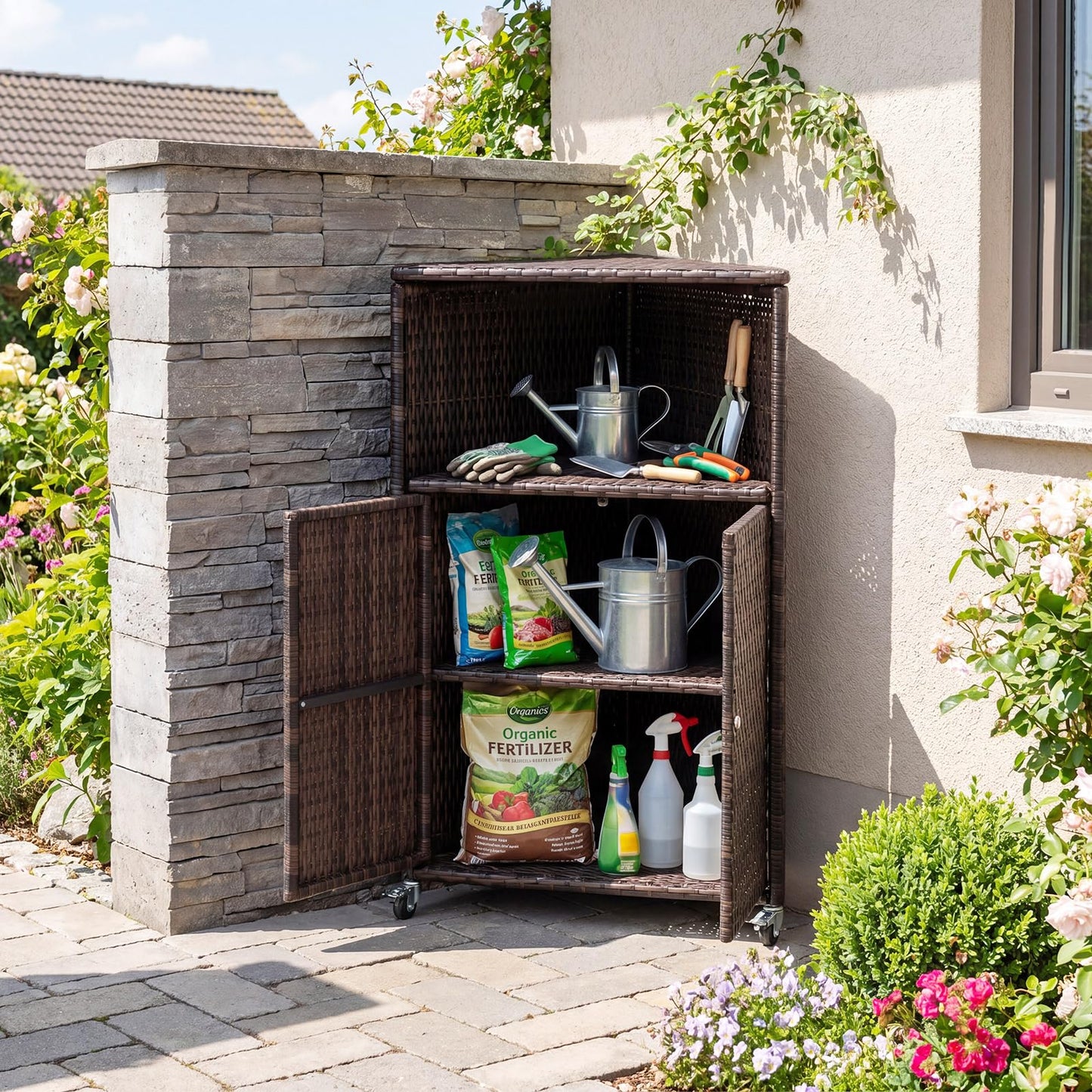 Outdoor Storage Cabinet, PE Rattan Corner Bar Cart with Shelves