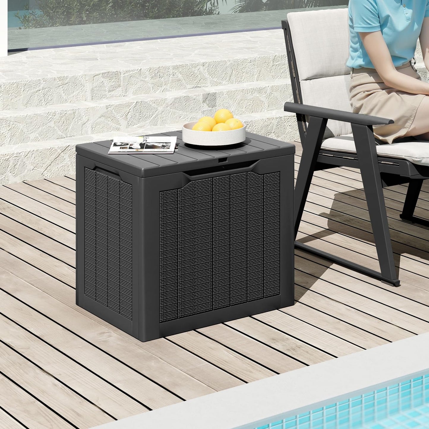 96L Outdoor Storage Box with Lockable Lid and Wicker-Woven Texture
