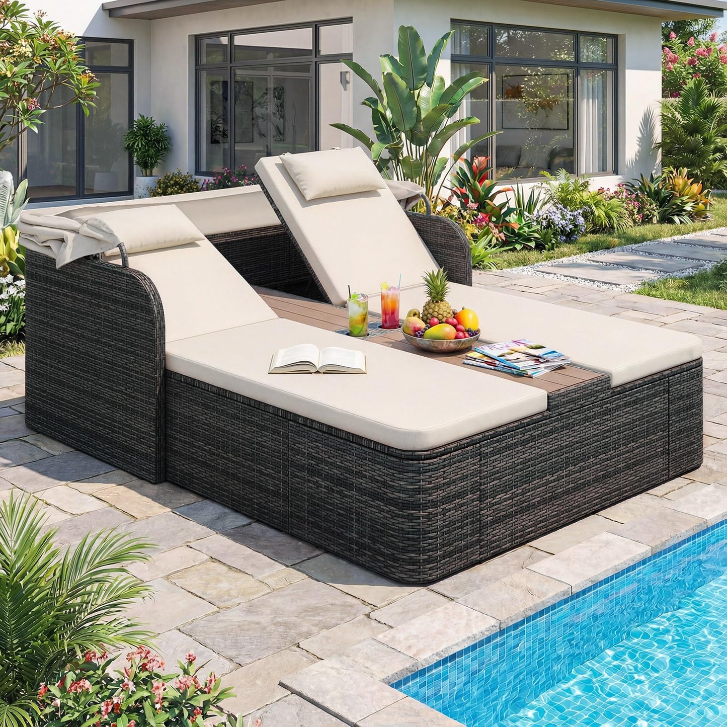 Garden Daybed, 2 Seater Rattan Sofa Sun Lounger with Canopy