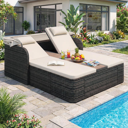 Garden Daybed, 2 Seater Rattan Sofa Sun Lounger with Canopy