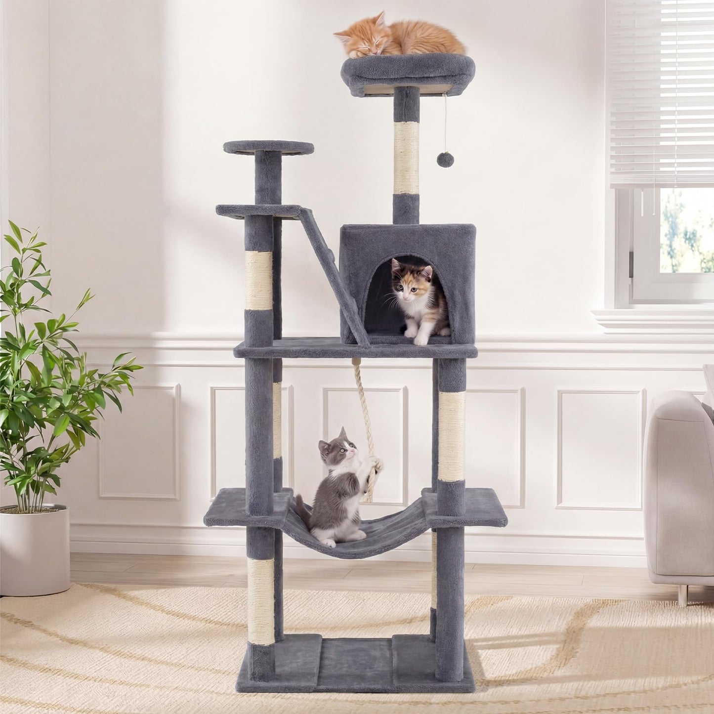 Cat Tree, 158cm Tall Multi-Layer Cats Tower with Plush Top Perch, Cave, Hammock, Sisal Scratching Posts