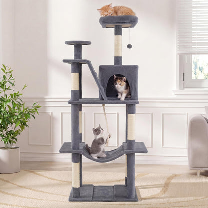 Cat Tree, 158cm Tall Multi-Layer Cats Tower with Plush Top Perch, Cave, Hammock, Sisal Scratching Posts