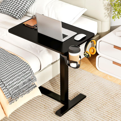 Height Adjustable Overbed Bedside Table with Cup Holder and Headphone Hook