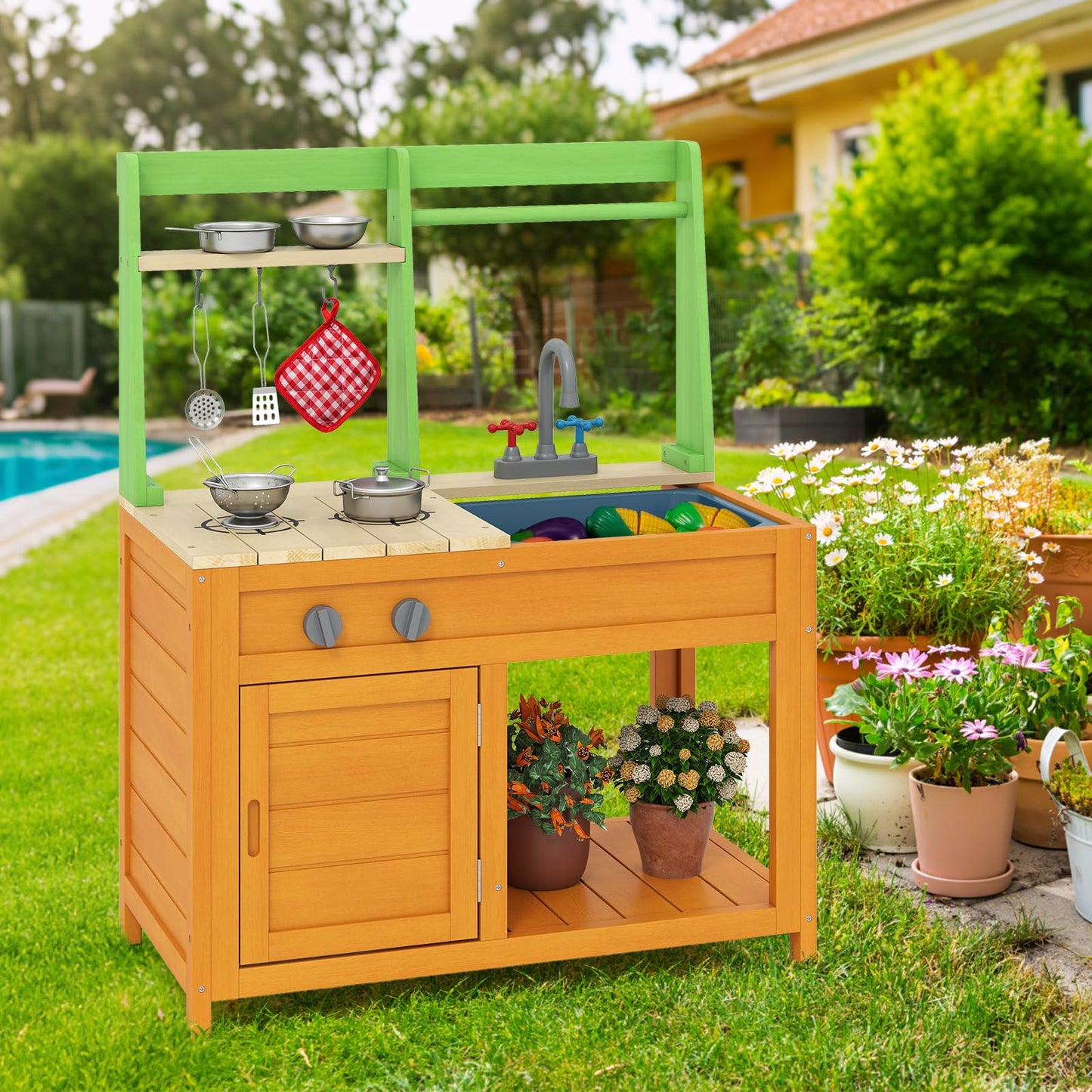 Wooden Kids Toy Kitchen with Realistic Stoves
