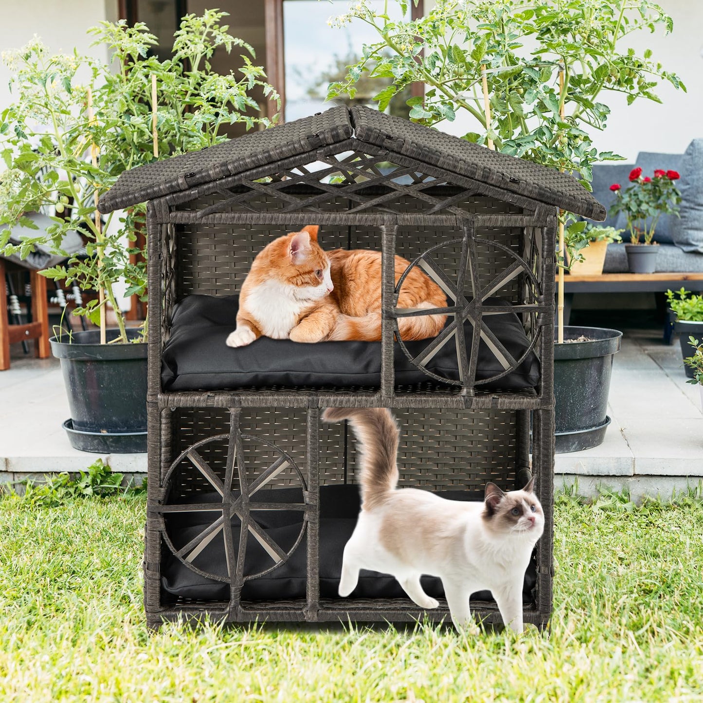 2-storey Wicker Cat House with Removable Cushions